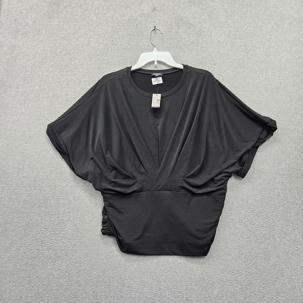 Express Women Blouse XL Black Faux Wrap Pleated Ruched Dolman Short Sleeve NWT